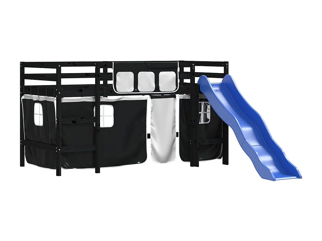 Lit mezzanine enfants et rideaux blanc/noir 90x190cm pin massif HOQW37333