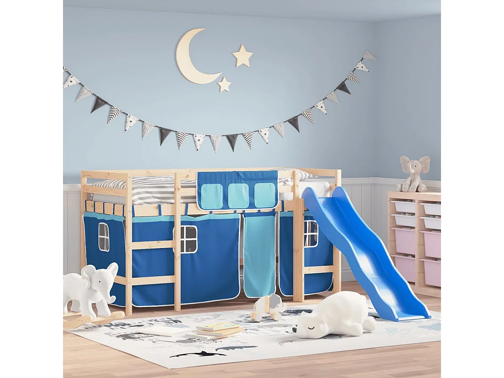 Lit mezzanine enfants et rideaux bleu 90x190cm bois pin massif HOQW94510