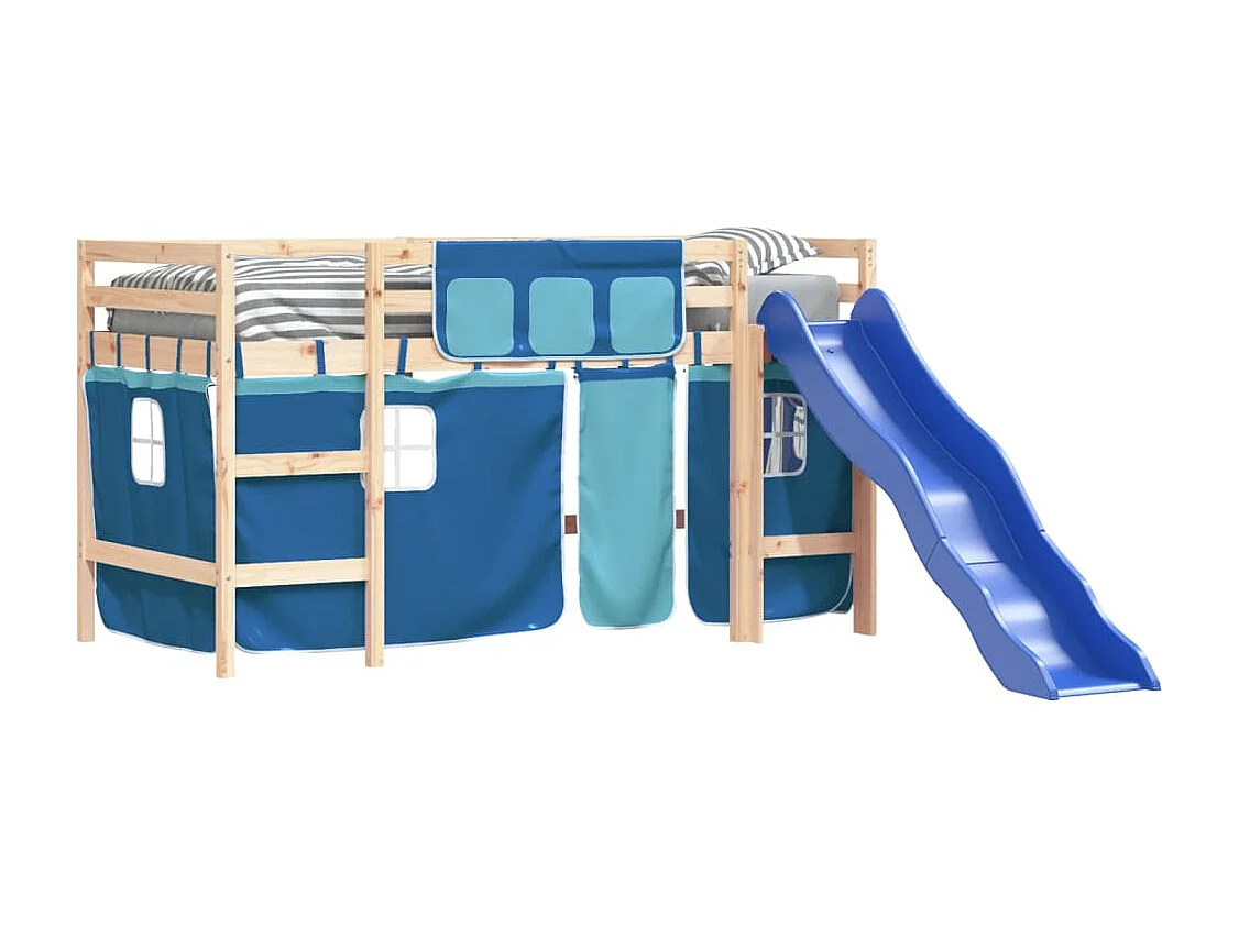 Lit mezzanine enfants et rideaux bleu 90x190cm bois pin massif HOQW94510