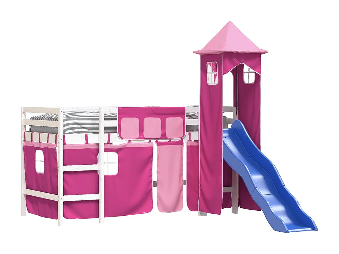 Lit mezzanine enfants avec tour rose 90x190 cm bois pin massif HOQW72184