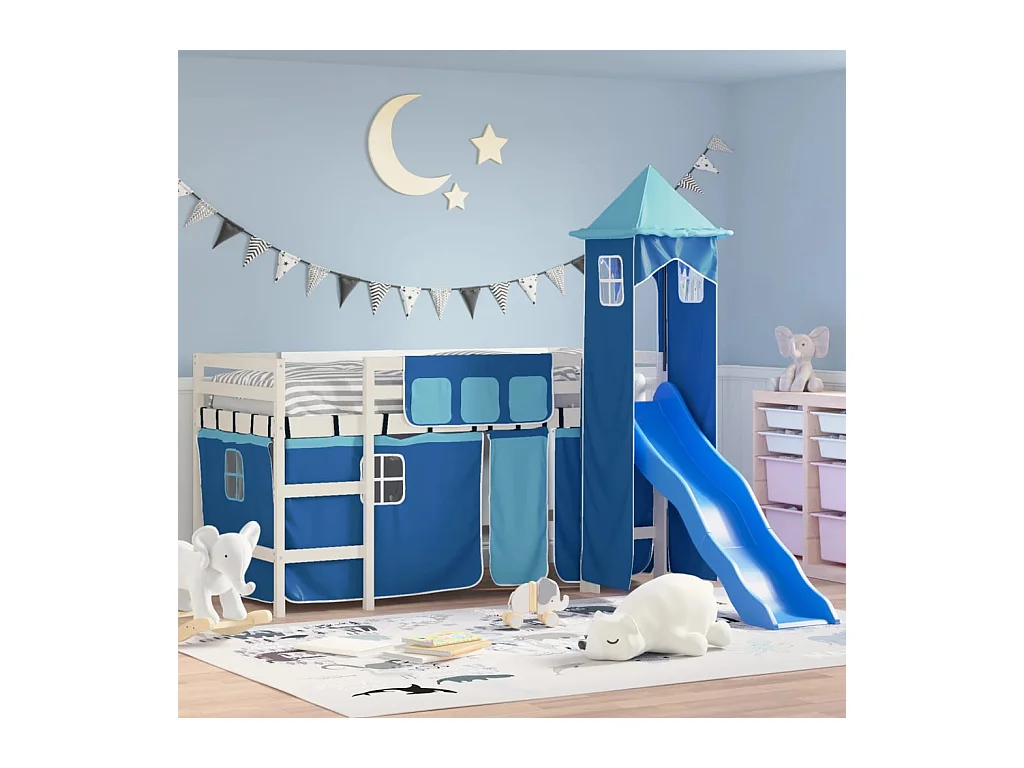 Lit mezzanine enfants avec tour bleu 80x200cm bois pin massif HOQW42393