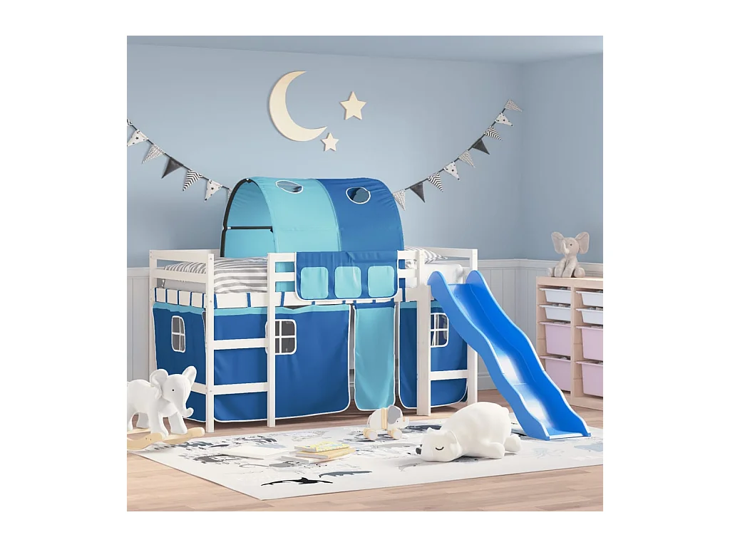 Lit mezzanine enfants avec tunnel bleu 80x200cm bois pin massif HOQW95101