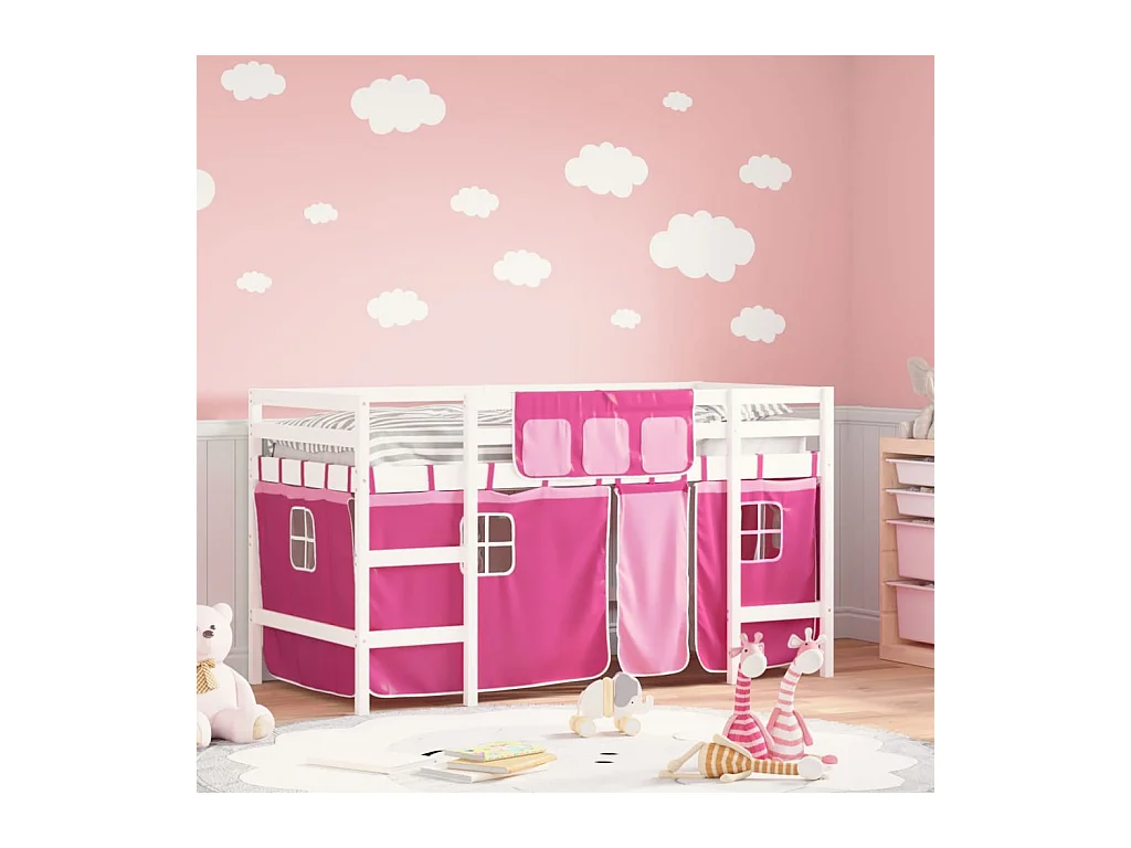 Lit mezzanine enfants et rideaux rose 90x200cm bois pin massif HOQW23220