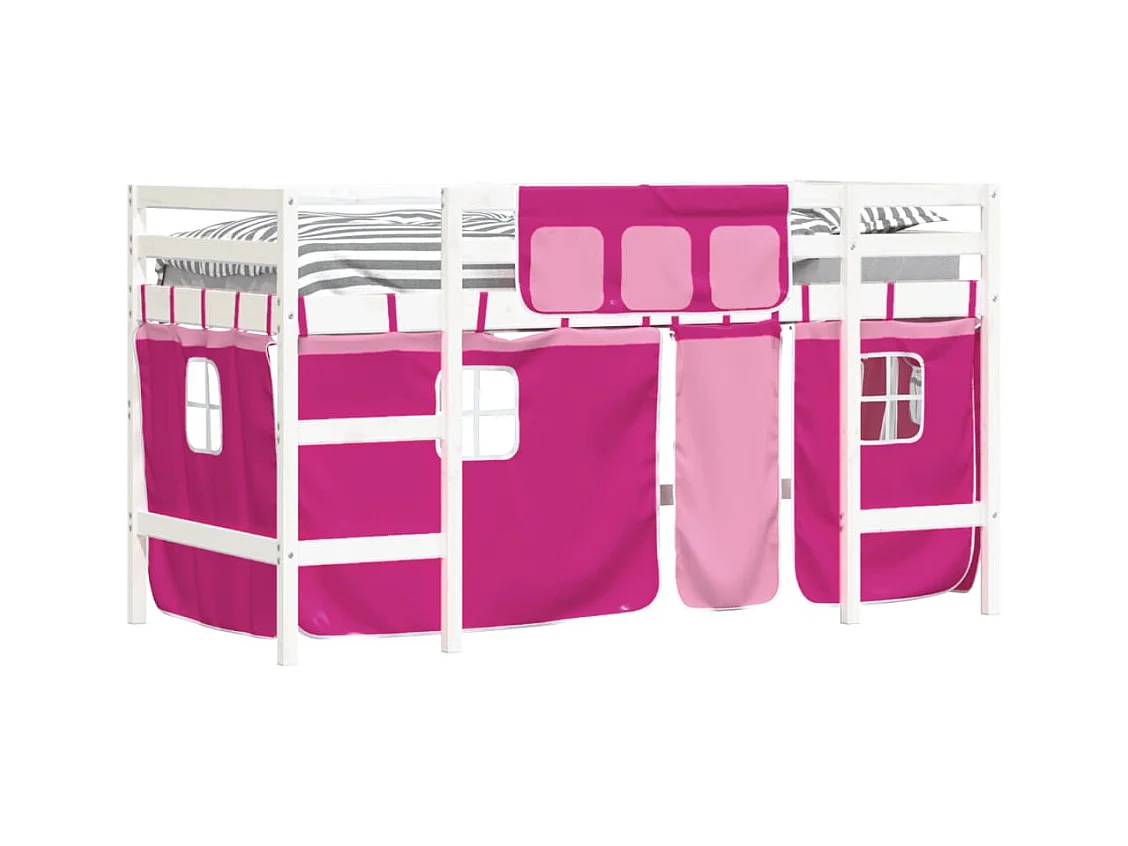 Kinderhoogslaper met gordijnen 90x200 cm grenenhout roze NL19077