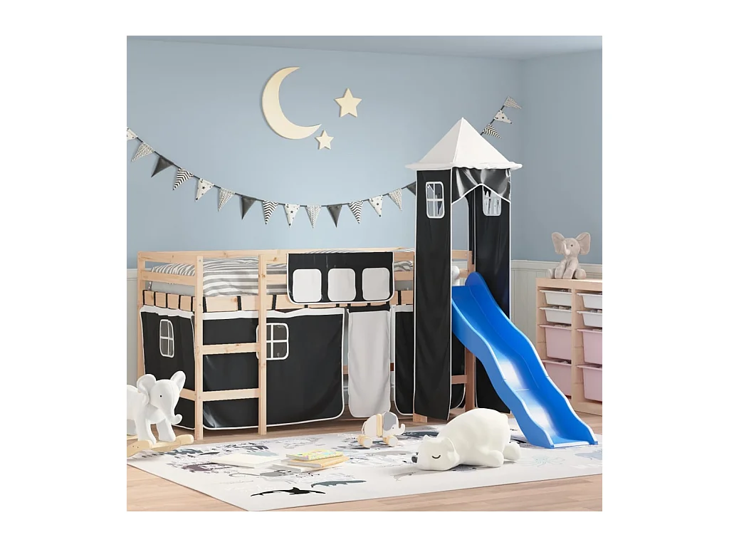 Lit mezzanine enfants et tour blanc/noir 90x200 cm pin massif HOQW41859