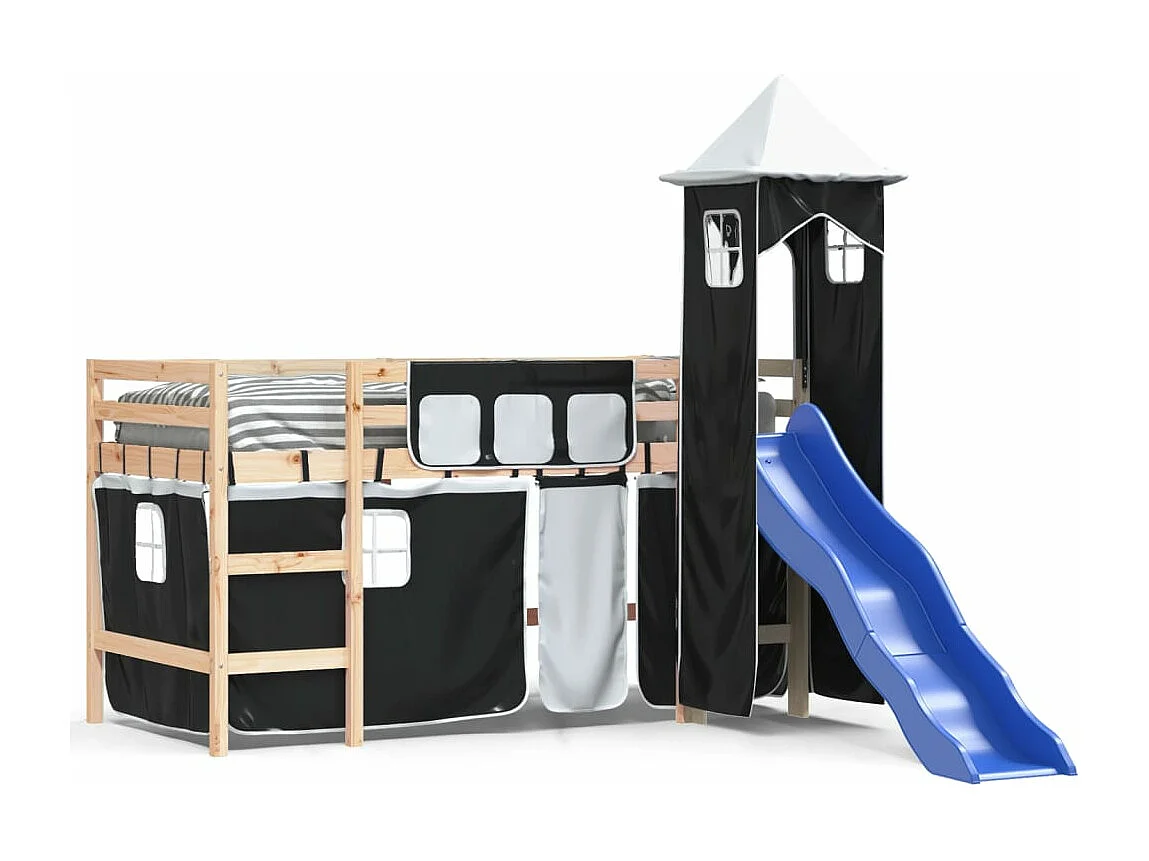 Lit mezzanine enfants et tour blanc/noir 90x200 cm pin massif HOQW41859