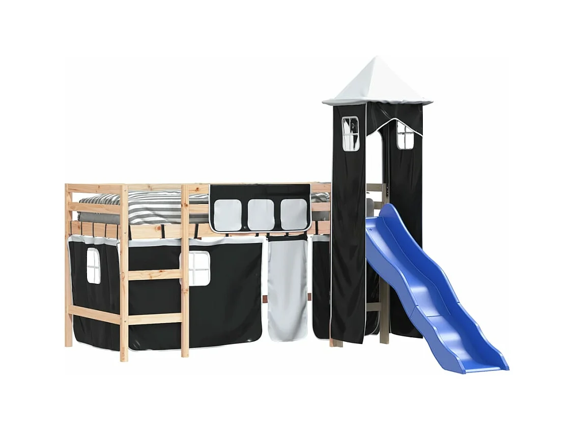 Lit mezzanine enfants et tour blanc/noir 90x200 cm pin massif HOQW41859