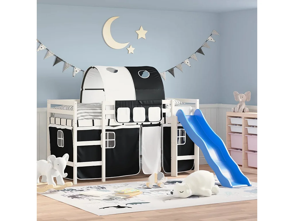 Lit mezzanine enfants et tunnel blanc/noir 90x190 cm pin massif HOQW49611