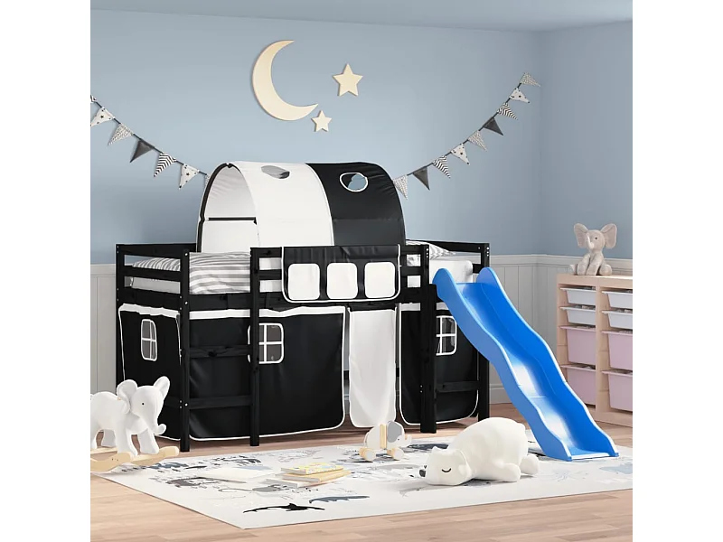 Cama alta -80x200 cm niños con túnel madera pino blanco negro ES64729