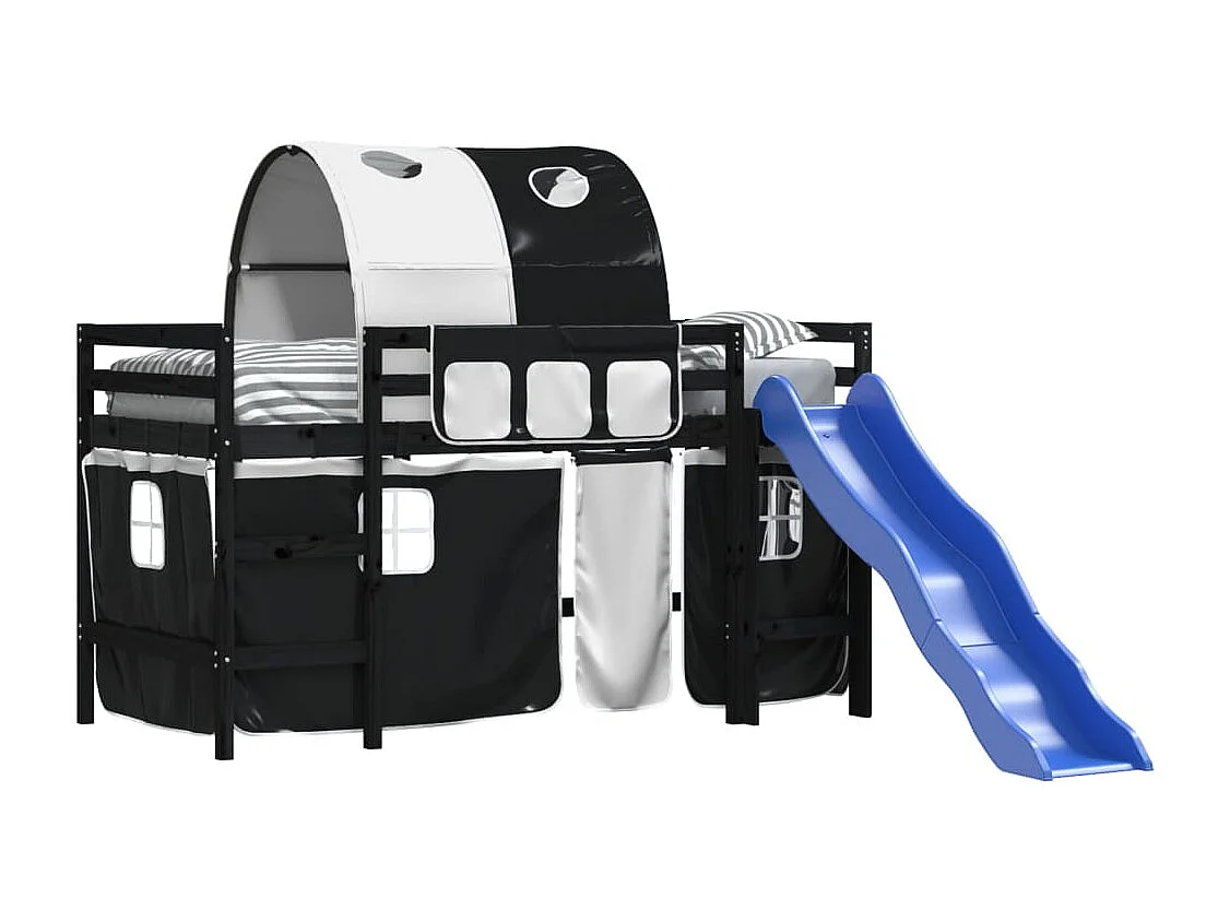 Lit mezzanine enfants et tunnel blanc/noir 80x200cm pin massif HOQW14430