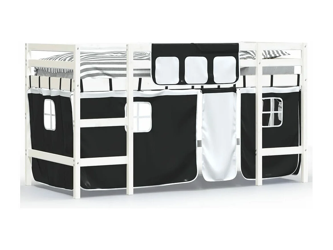 Cama alta criança c/ cortina 80x200cm pinho maciço branco/preto PT805452