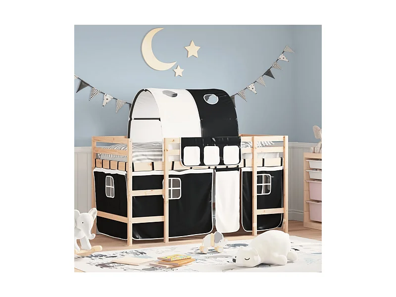 Cama alta -80x200 cm niños con túnel madera pino blanco negro ES37300