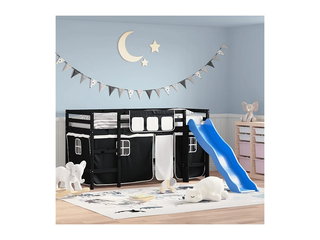 Lit mezzanine enfants et rideaux blanc/noir 80x200cm pin massif HOQW47534