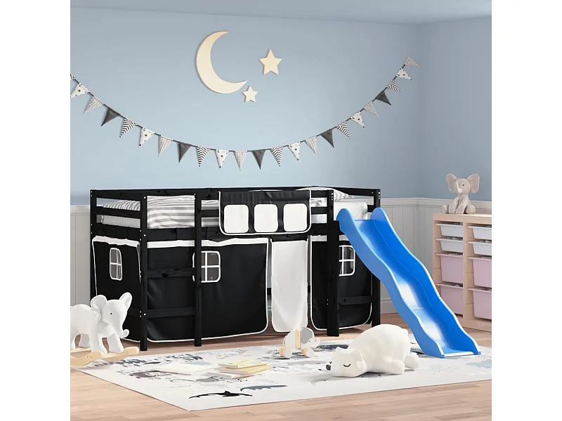 Cama alta -80x200 cm niños con cortinas madera pino blanco negro ES58455