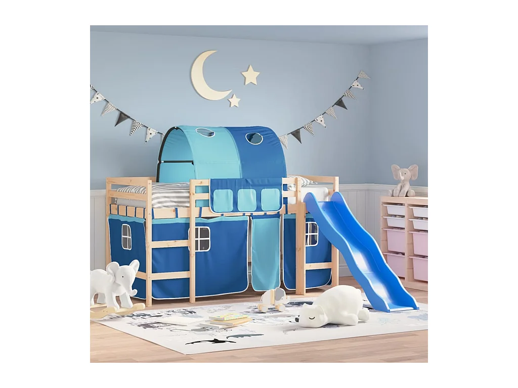 Lit mezzanine enfants et tunnel bleu 90x190 cm bois pin massif HOQW86957