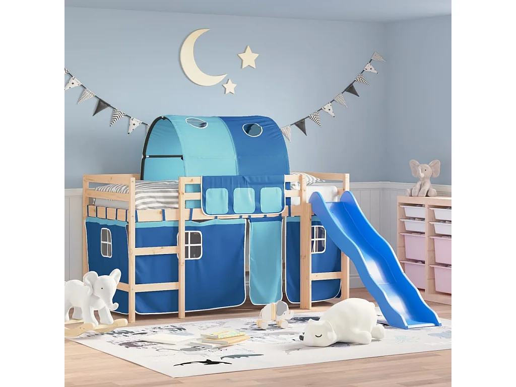 Lit mezzanine enfants et tunnel bleu 90x190 cm bois pin massif HOQW86957