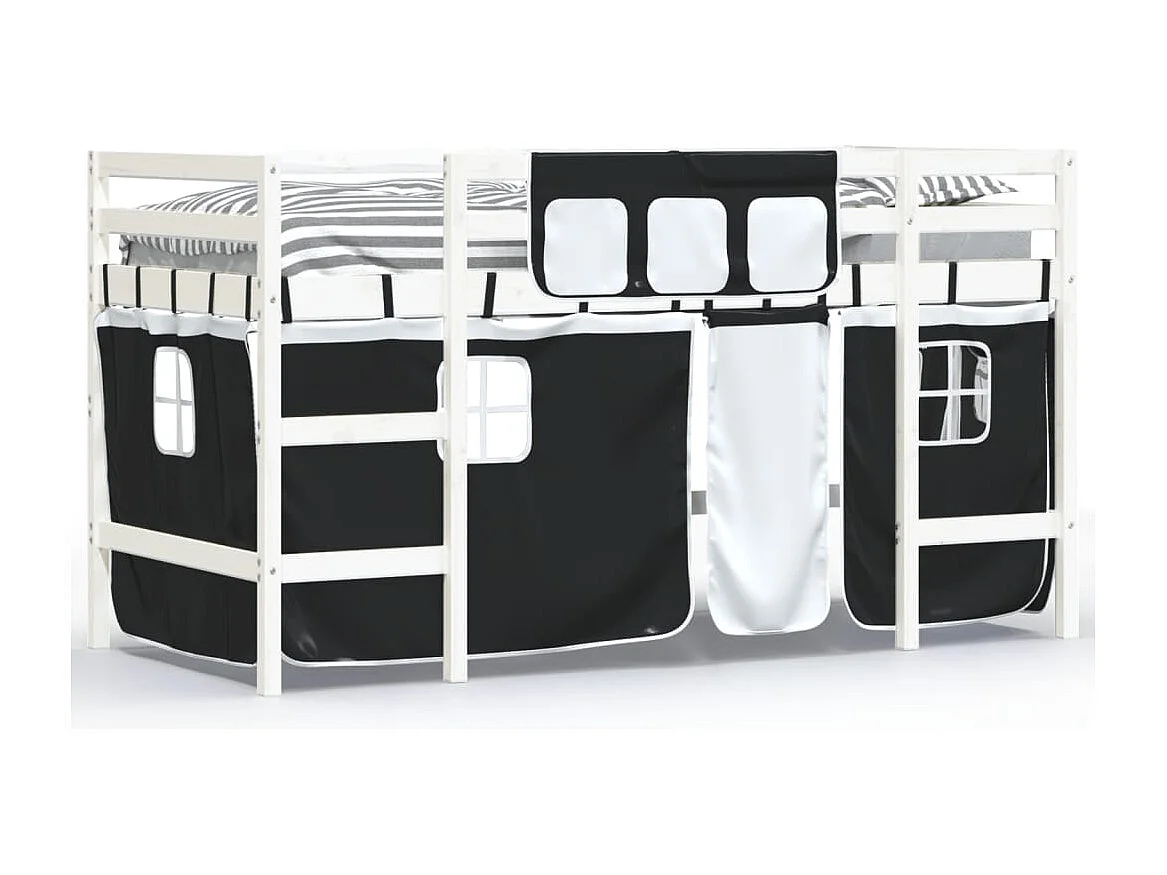 Cama alta -90x200 cm niños con cortinas madera pino blanco negro ES11026