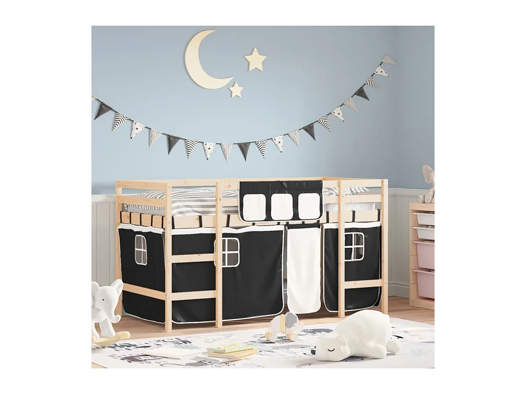 Lit mezzanine enfants et rideaux blanc/noir 90x190cm pin massif HOQW50188