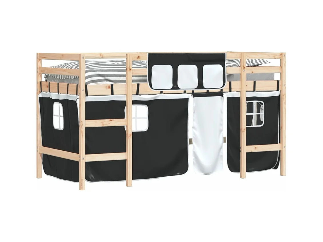 Kinderhoogslaper met gordijnen 90x190 cm grenenhout wit zwart NL70307