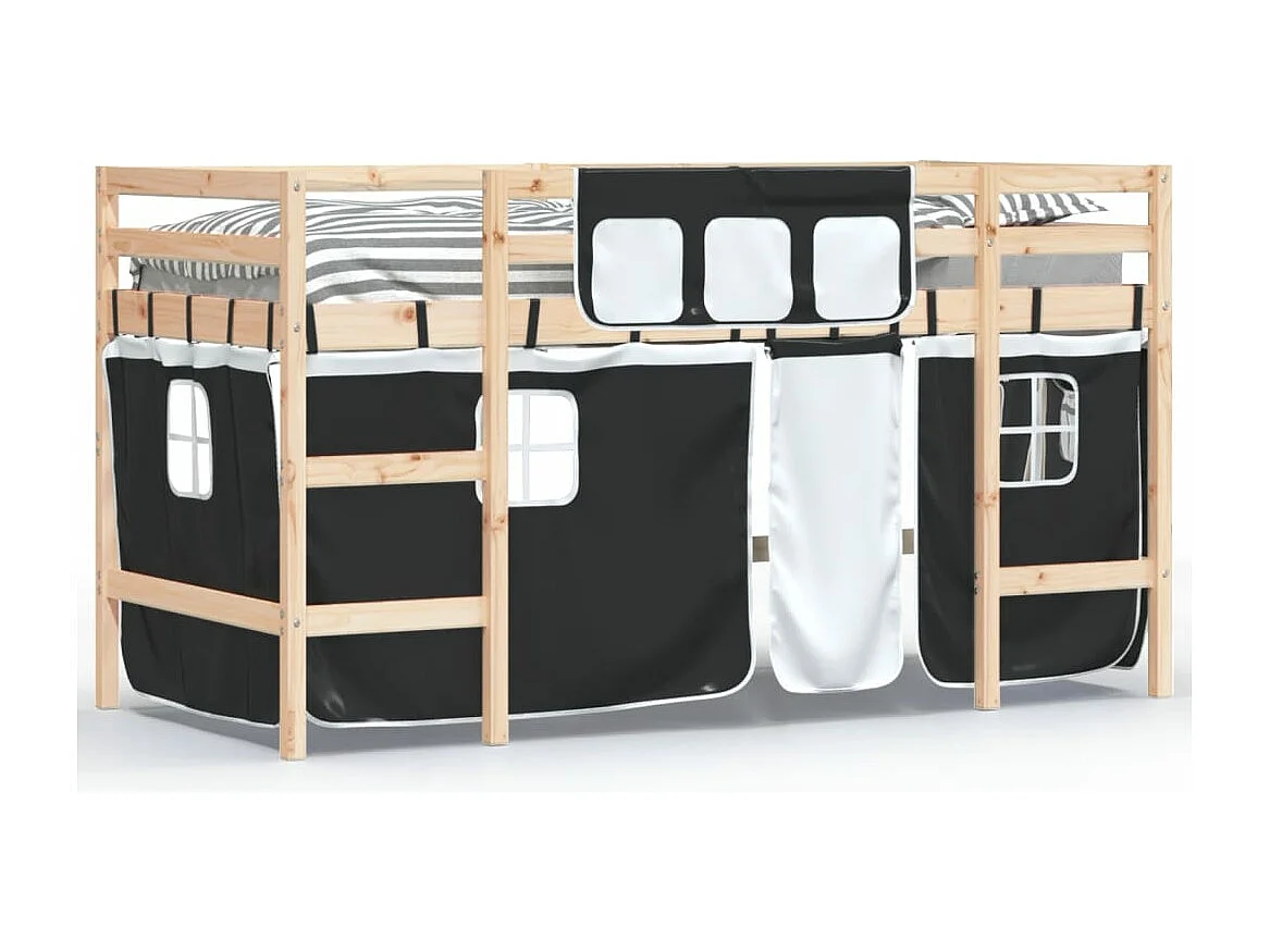Lit mezzanine enfants et rideaux blanc/noir 90x190cm pin massif HOQW50188