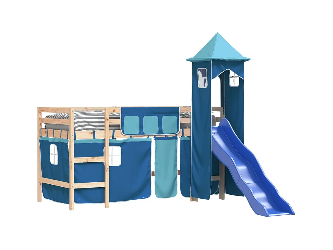 Lit mezzanine enfants avec tour bleu 90x200 cm bois pin massif HOQW24363