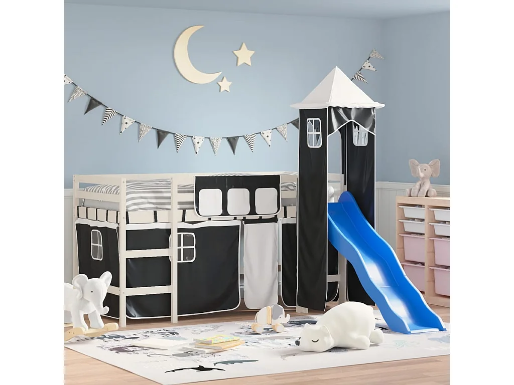 Lit mezzanine enfants et tour blanc/noir 90x200 cm pin massif HOQW76927