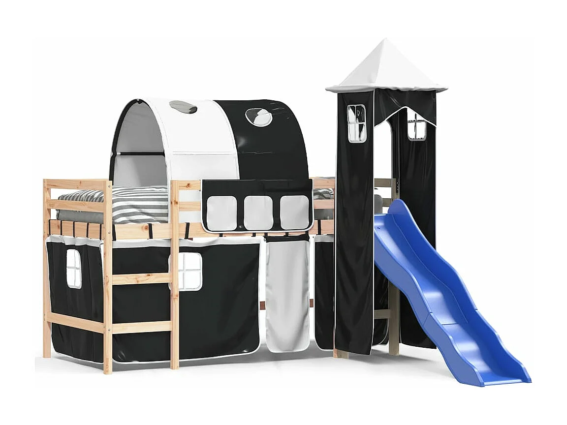 Lit mezzanine enfants et tour blanc/noir 90x200 cm pin massif HOQW15923