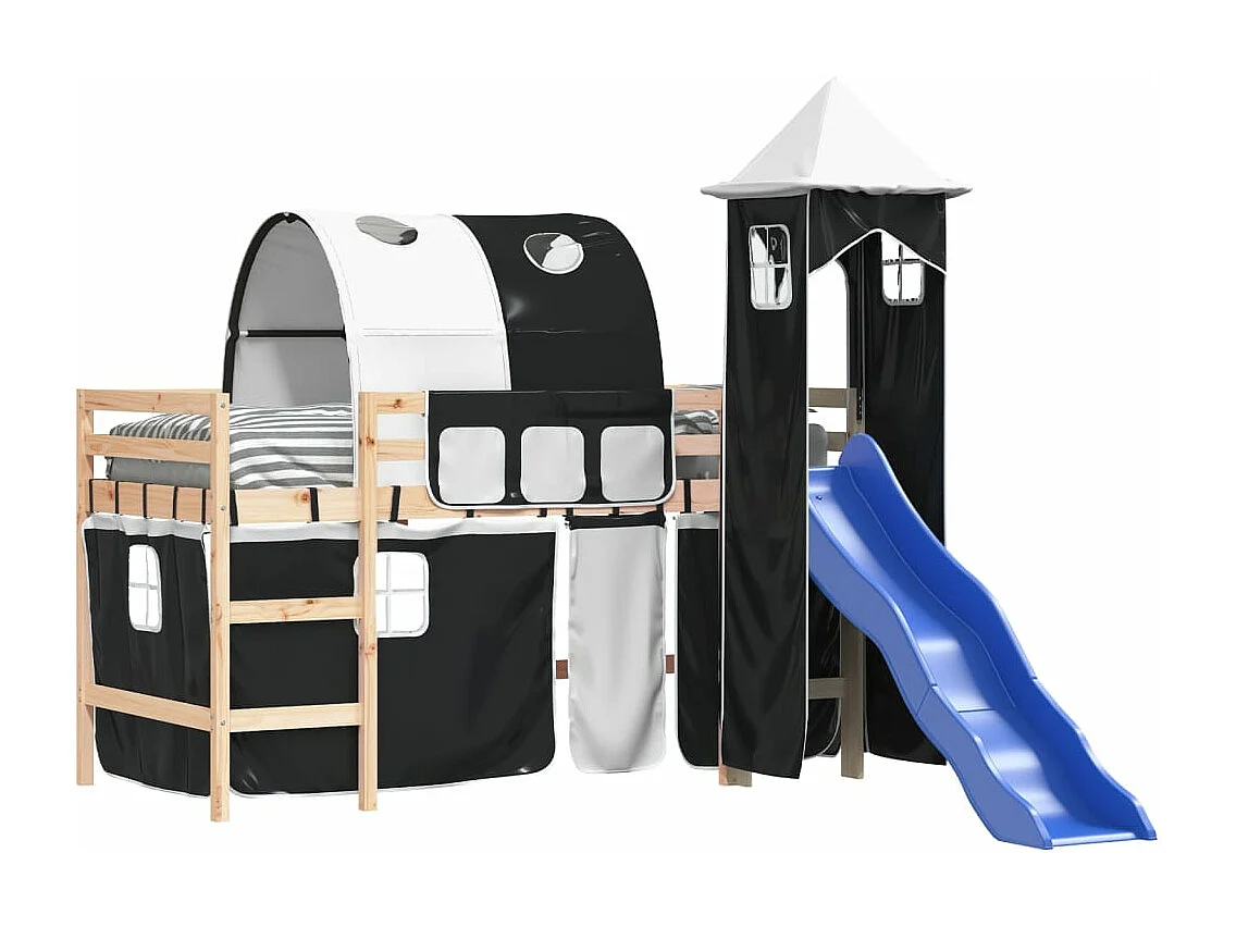 Lit mezzanine enfants et tour blanc/noir 90x200 cm pin massif HOQW15923