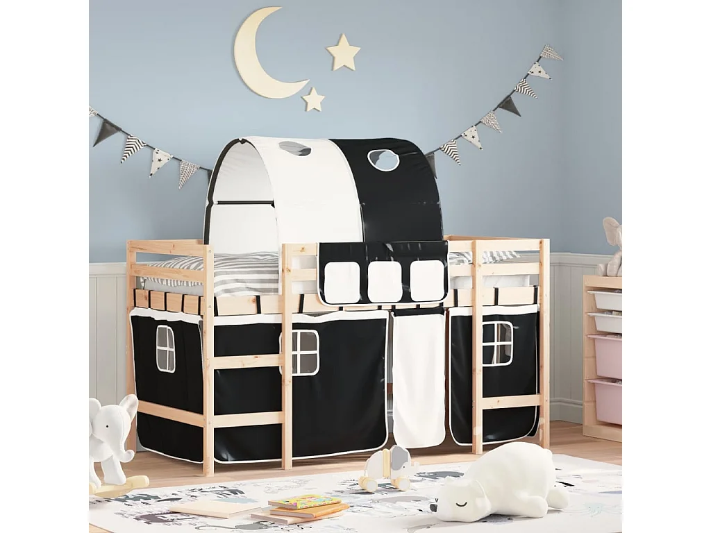 Cama alta -90x190 cm niños con túnel madera pino blanco negro ES73576