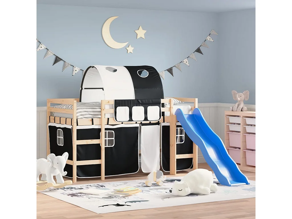 Lit mezzanine enfants et tunnel blanc/noir 90x200 cm pin massif HOQW36479