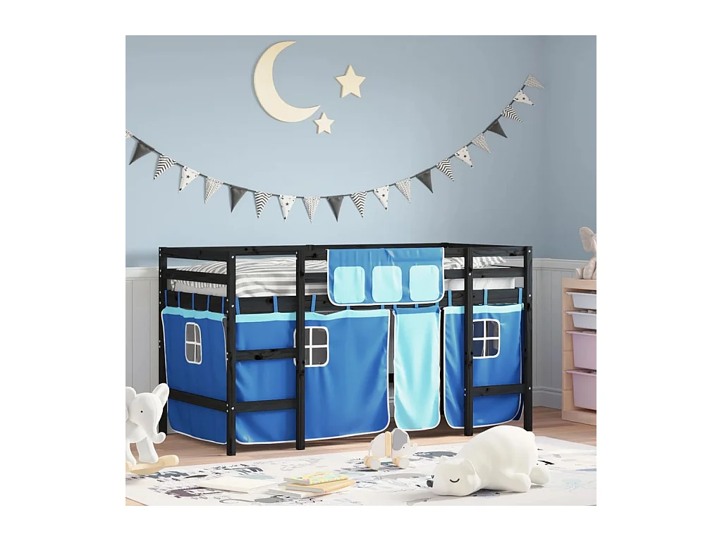 Lit mezzanine enfants et rideaux bleu 90x200cm bois pin massif HOQW87277