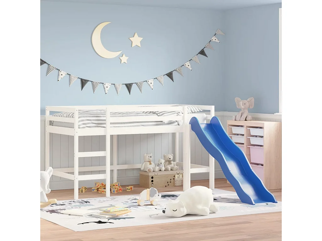 Lit mezzanine enfants toboggan blanc 90x200 cm bois pin massif HOQW12274