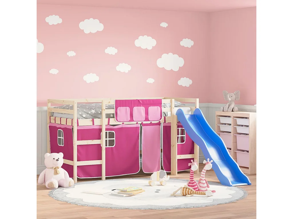 Kinderhoogslaper met gordijnen 90x190 cm grenenhout roze NL76457