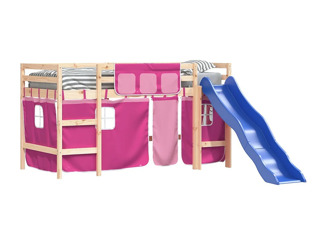 Kinderhoogslaper met gordijnen 90x190 cm grenenhout roze NL76457