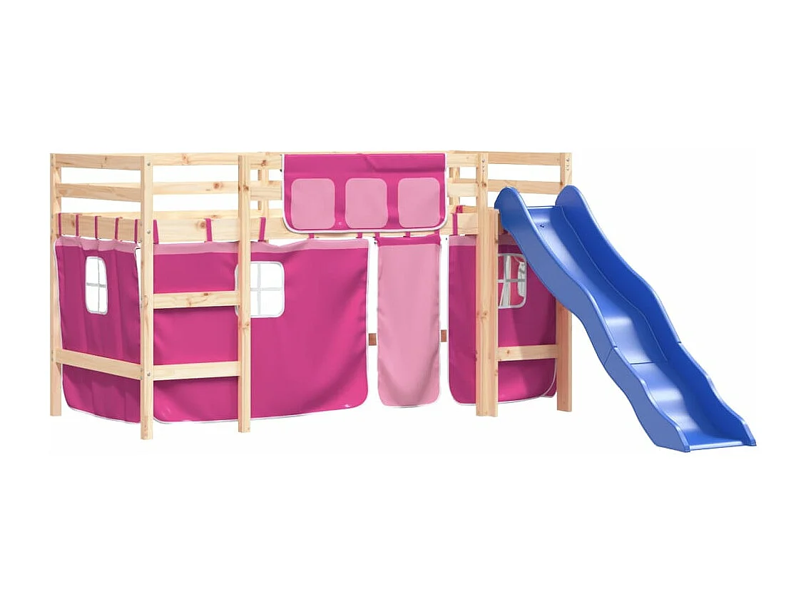 Kinderhoogslaper met gordijnen 90x190 cm grenenhout roze NL76457