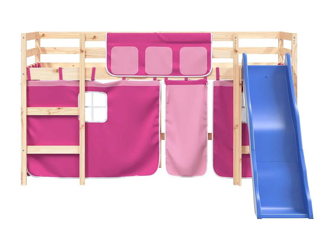 Kinderhoogslaper met gordijnen 90x190 cm grenenhout roze NL76457