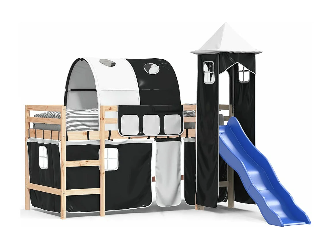Lit mezzanine enfants avec tour blanc/noir 90x190 cm pin massif HOQW23931