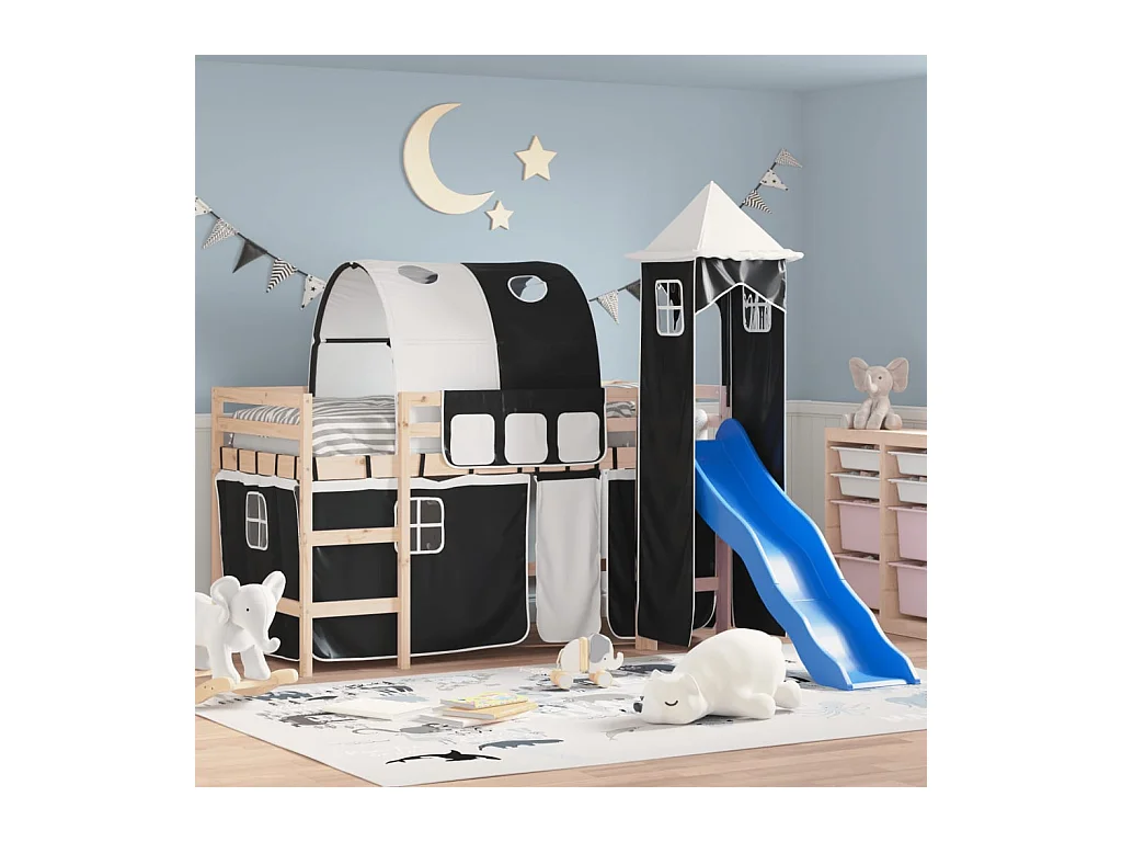 Lit mezzanine enfants avec tour blanc/noir 90x190 cm pin massif HOQW23931