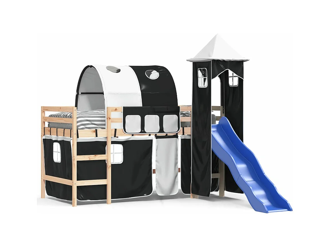 Kinderhoogslaper met toren 90x190 cm grenenhout wit en zwart NL83967