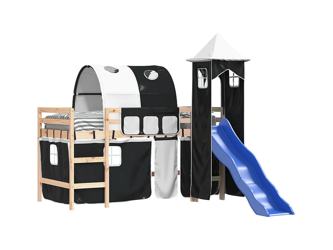 Kinderhoogslaper met toren 90x190 cm grenenhout wit en zwart NL83967