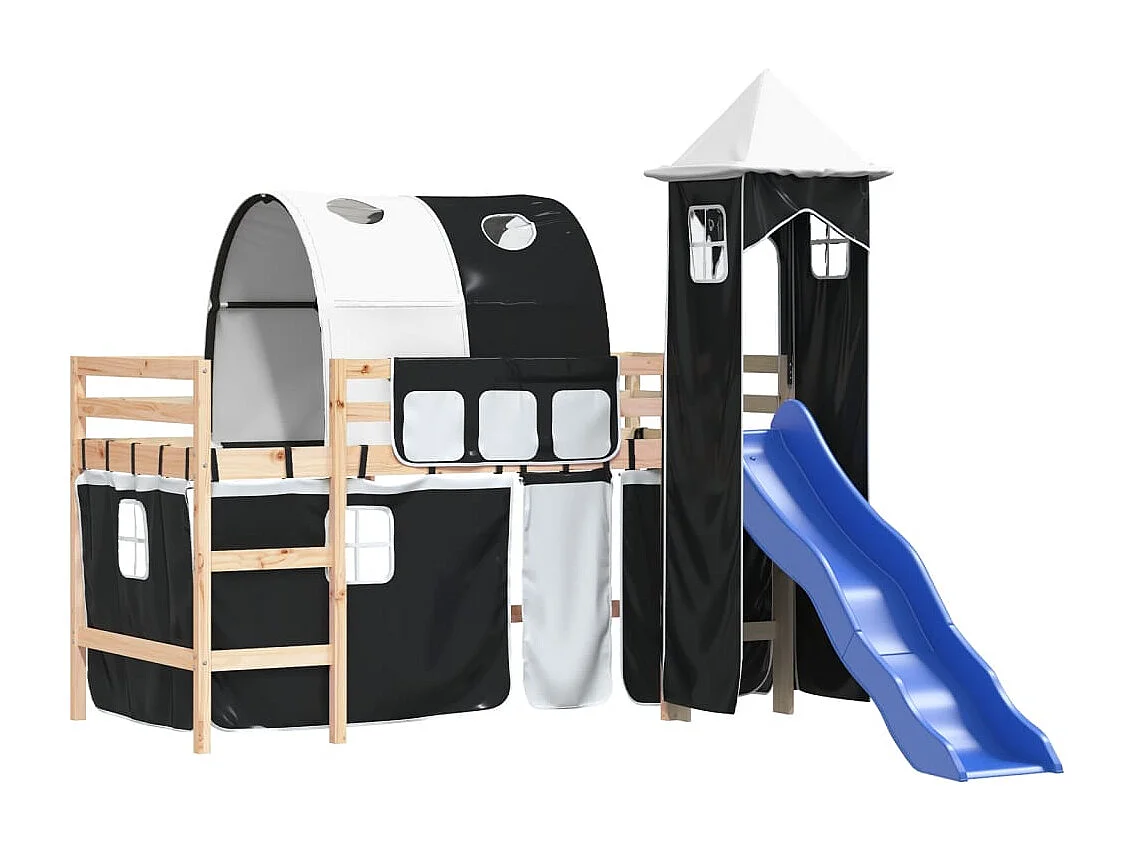 Lit mezzanine enfants avec tour blanc/noir 90x190 cm pin massif HOQW23931