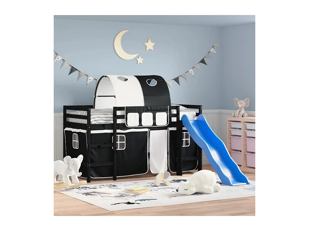 Lit mezzanine enfants et tunnel blanc/noir 90x190 cm pin massif HOQW14670