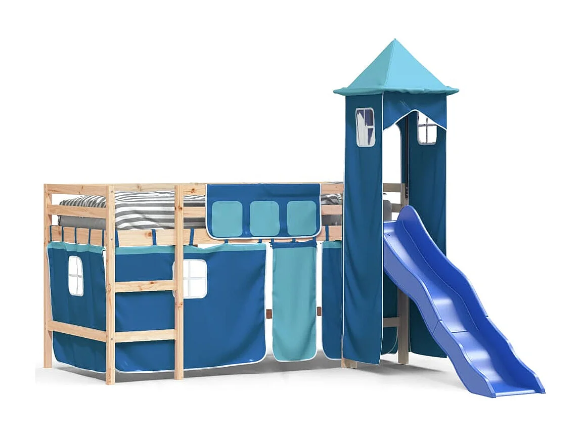 Lit mezzanine enfants avec tour bleu 80x200cm bois pin massif HOQW94096