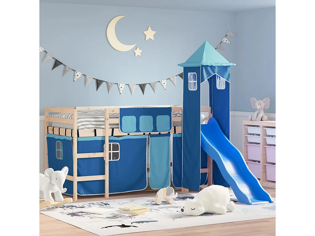 Lit mezzanine enfants avec tour bleu 80x200cm bois pin massif HOQW94096