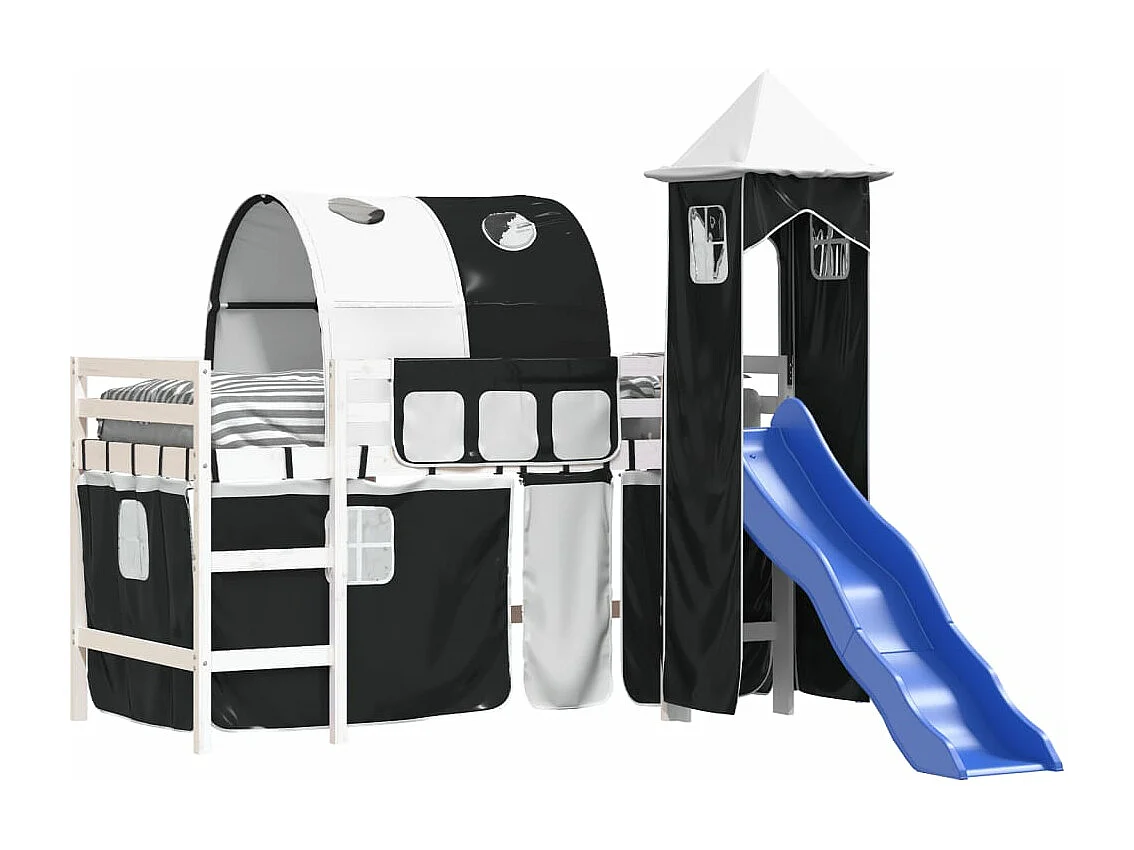 Lit mezzanine enfants et tour blanc/noir 90x200 cm pin massif HOQW83557