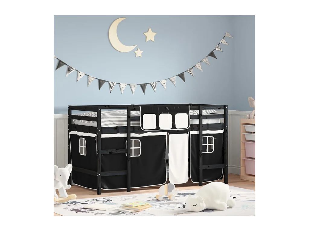 Lit mezzanine enfants et rideaux blanc/noir 90x200cm pin massif HOQW80669