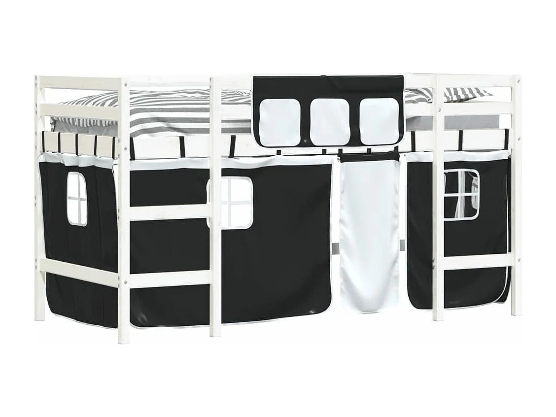 Lit mezzanine enfants et rideaux blanc/noir 90x190cm pin massif HOQW69540