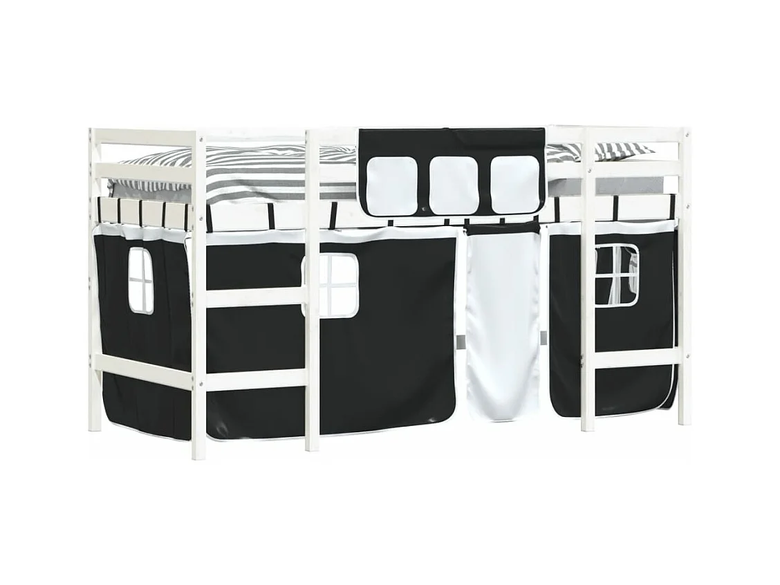 Cama alta -90x190 cm niños con cortinas madera pino blanco negro ES99222