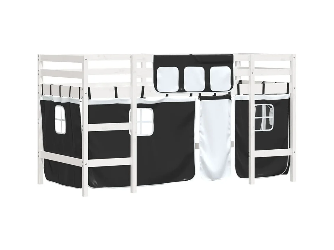 Cama alta -90x190 cm niños con cortinas madera pino blanco negro ES99222