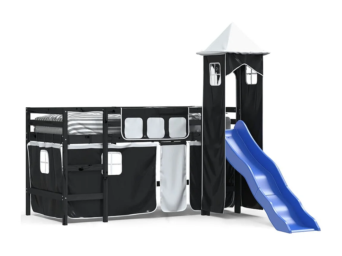 Cama alta criança c/ torre 80x200 cm pinho maciço branco/preto PT346956